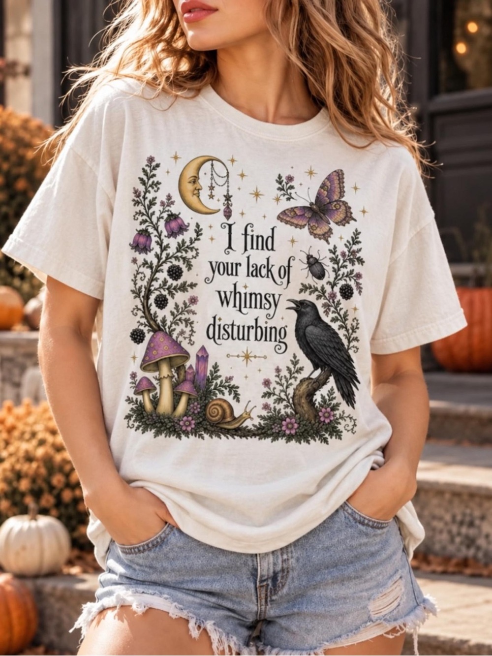 Whimsical Witch Raven Mushroom Graphic T-Shirt White Unisex